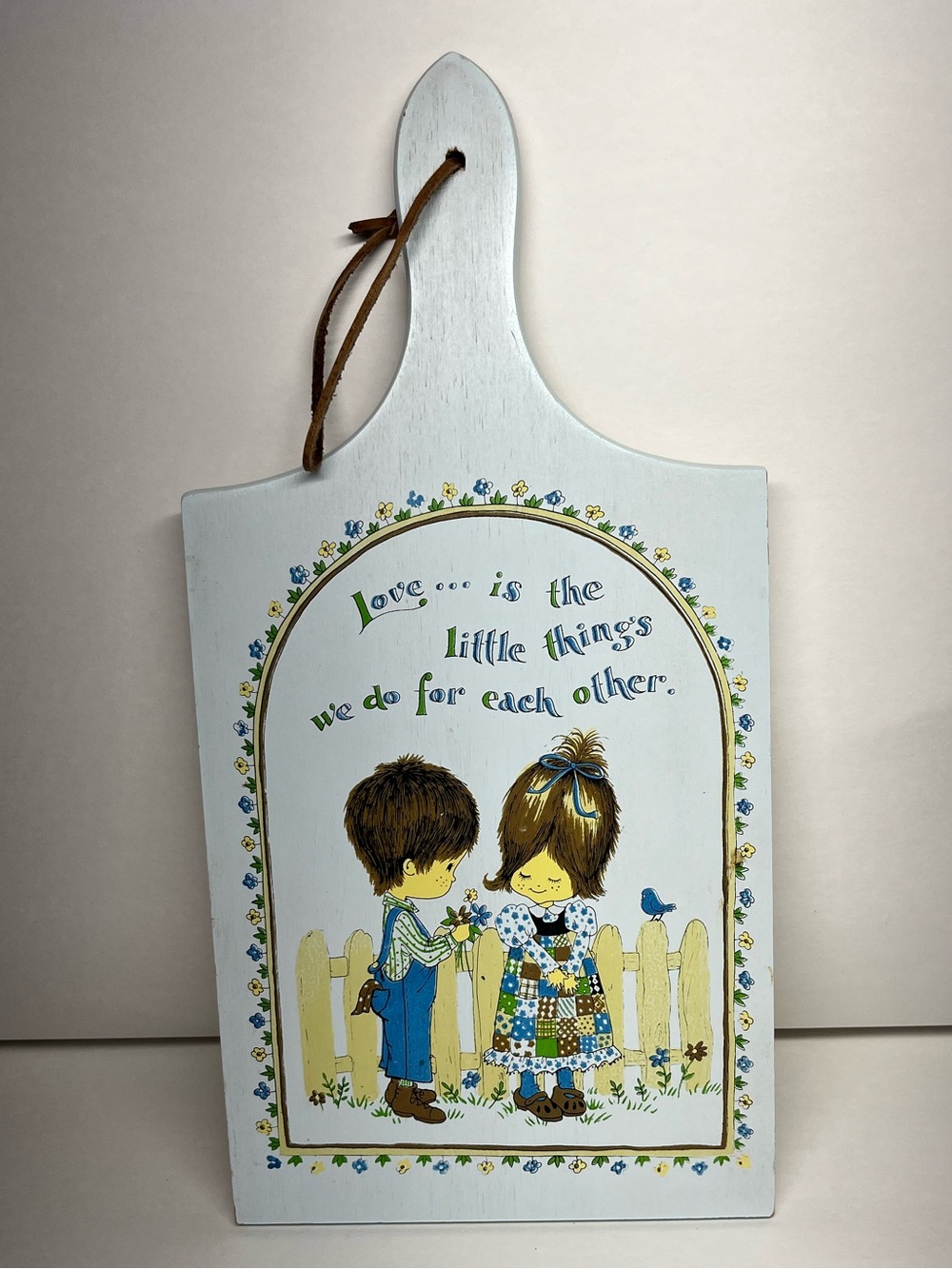 Vintage Enesco Bread Board Decor light blue wood “ love is the little things…..”